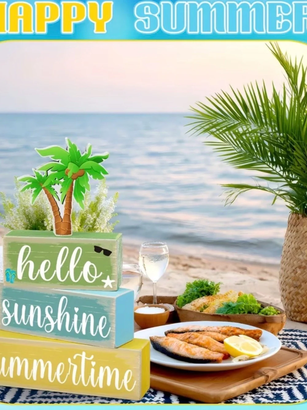 Hello Sunshine Summertime Decorative Wooden Stack - Green/Blue/Yellow